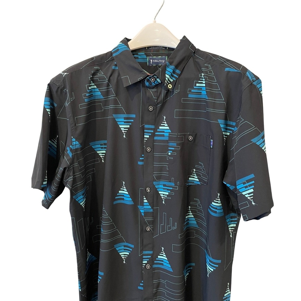 William Murray Golf Mens XL Black Blue Geometric Pyramid Print Button Down Shirt